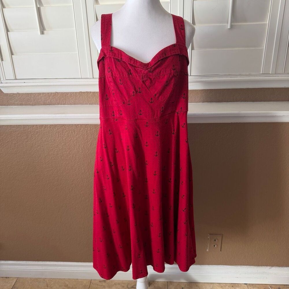 Torrid Red Rockabilly Dress Anchor Print Nautical Pinup Swing Dress Sz 14 Sailor
